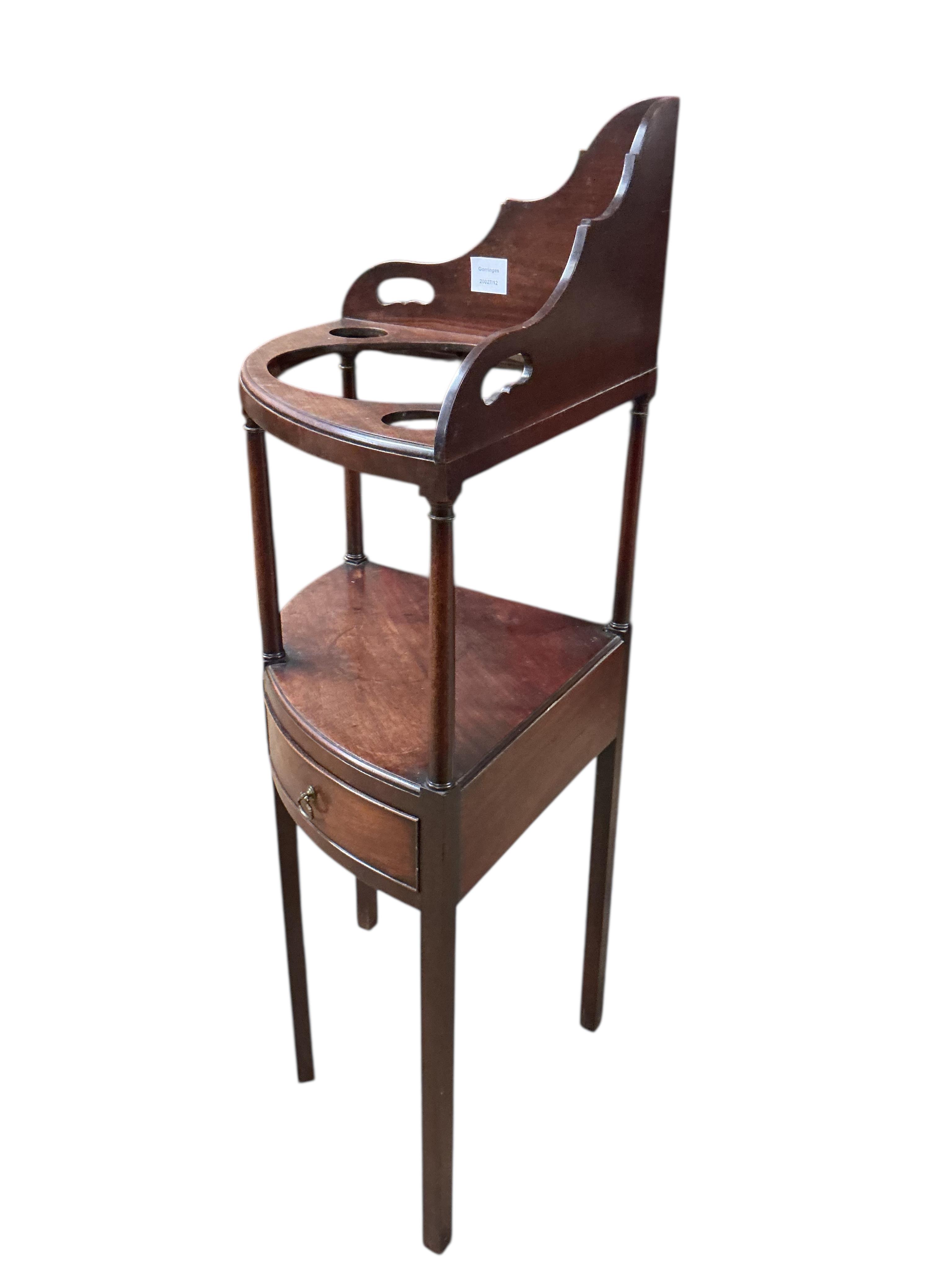 A George III mahogany bowfront corner washstand, width 52cm, depth 37cm, height 102cm